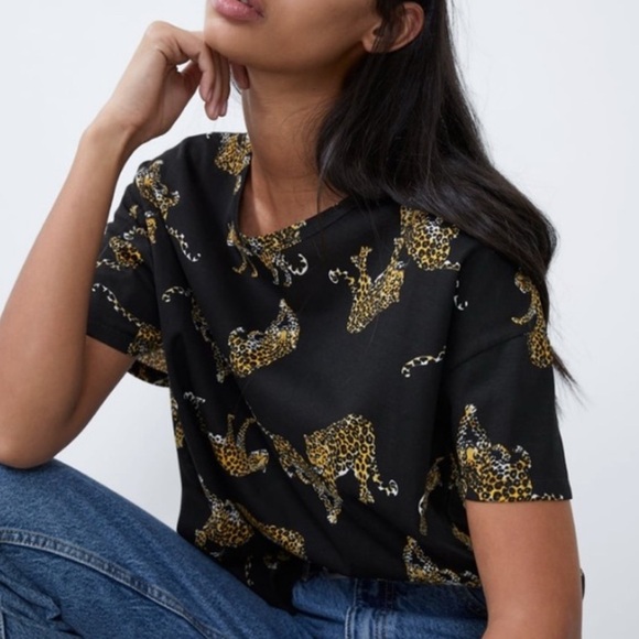 Zara Black Tee with Gold Leopard Print - Picture 1 of 4